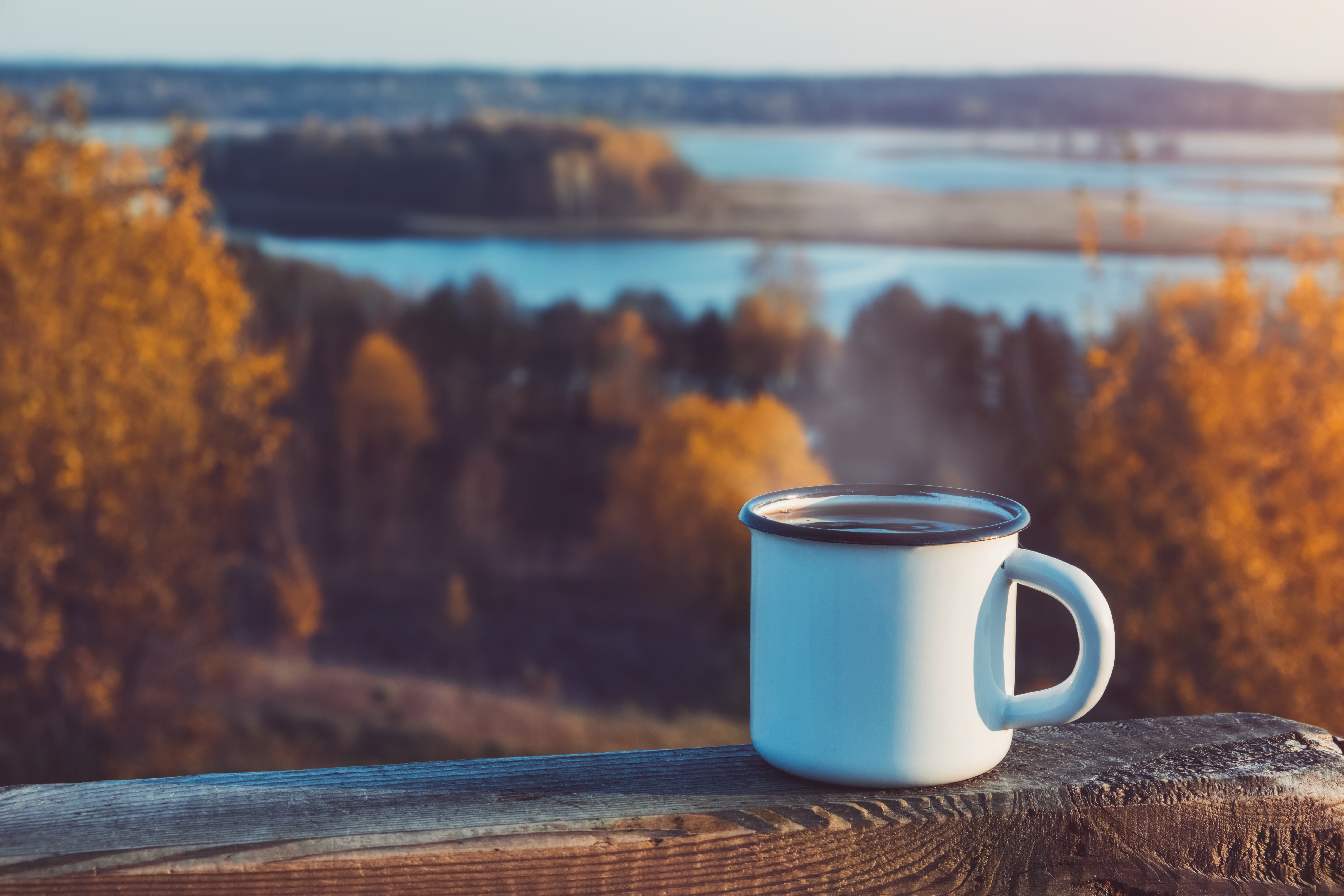 Enamel mug on wooden rail in autumn landscape